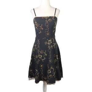 Vintage 90s Steppin' Out Black and Gold Floral Embroidered Party Dress S